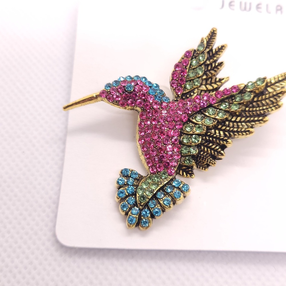 Hummingbird Brooch Pink Green Blue Rhinestone Gold Tone Bird Statement Pin